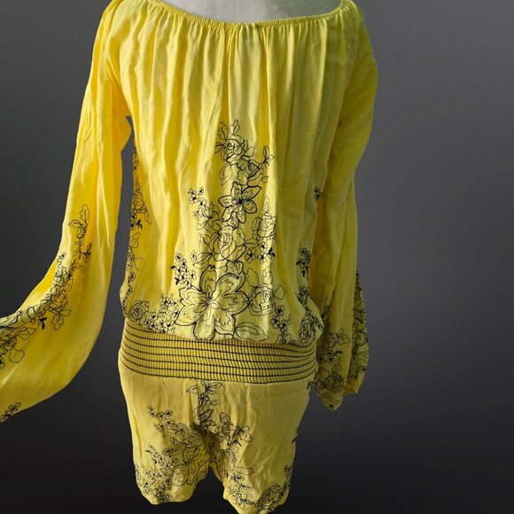 Y2K Yellow Floral Embroidered Romper Size S Boho Fairy Festival Long Sleeve - Picture 9 of 10